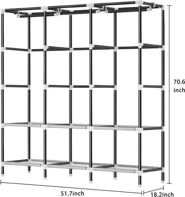 Alt view image 7 of 7 - LOKEME Wardrobe Closet,Portable Closet for Bedroom Steel Pipe Diameter 19mm Strong and Sturdy Black Portable Closets for Hanging Clothes with 3 Hanging rods, 6 Storage Shelves and Side Pockets