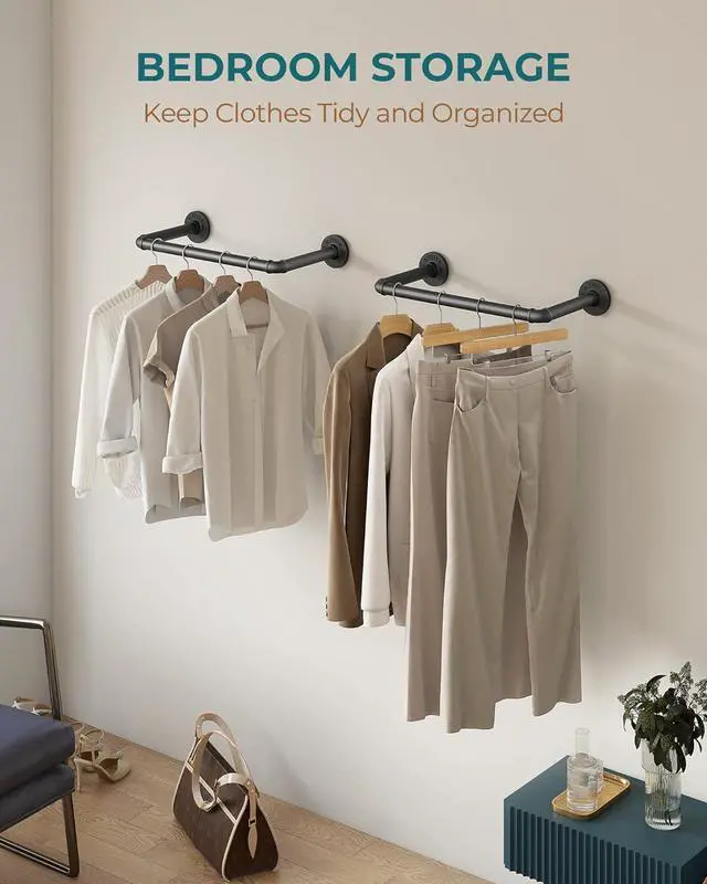 Alt view image 2 of 7 - OROPY Industrial Pipe Clothes Rack 21.2 Set of 2, Heavy Duty Wall Mounted Black Iron Garment Bar, Multi-Purpose Clothing Hanging Rod for Laundry Room and Closet Storage