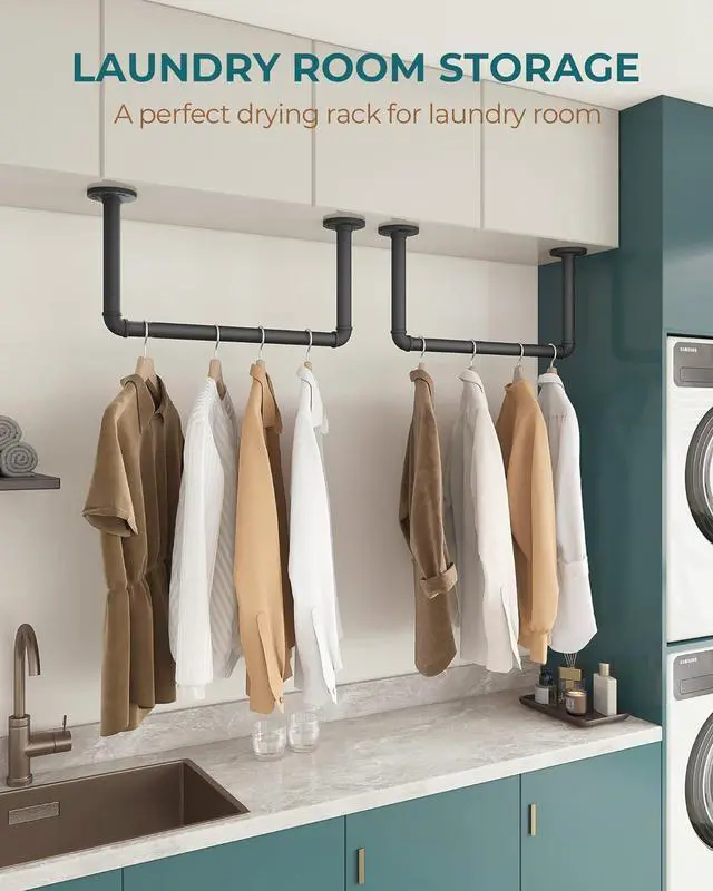 Alt view image 3 of 7 - OROPY Industrial Pipe Clothes Rack 21.2 Set of 2, Heavy Duty Wall Mounted Black Iron Garment Bar, Multi-Purpose Clothing Hanging Rod for Laundry Room and Closet Storage