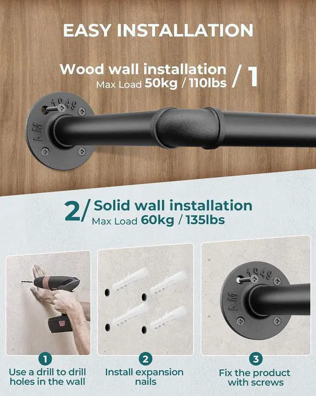 Alt view image 5 of 7 - OROPY Industrial Pipe Clothes Rack 21.2 Set of 2, Heavy Duty Wall Mounted Black Iron Garment Bar, Multi-Purpose Clothing Hanging Rod for Laundry Room and Closet Storage