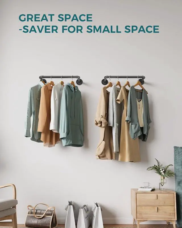 Alt view image 7 of 7 - OROPY Industrial Pipe Clothes Rack 21.2 Set of 2, Heavy Duty Wall Mounted Black Iron Garment Bar, Multi-Purpose Clothing Hanging Rod for Laundry Room and Closet Storage