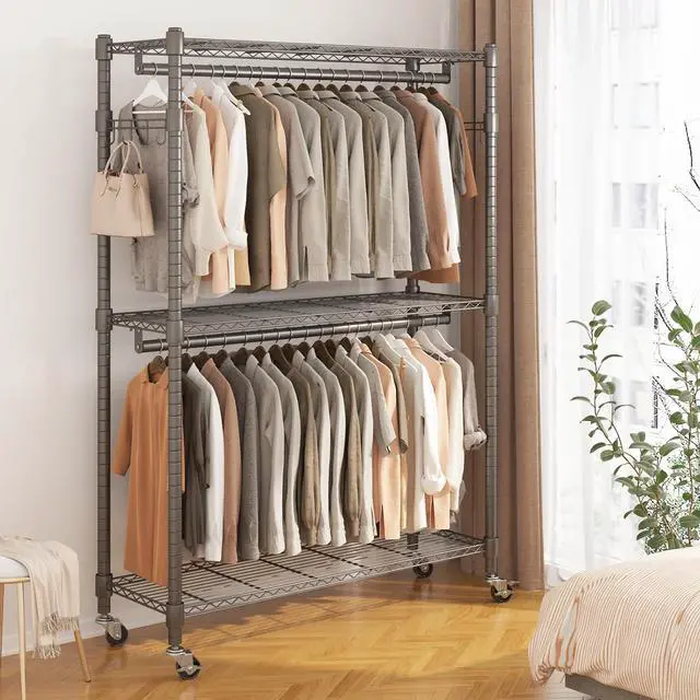 Alt view image 2 of 6 - BATHWA Heavy Duty Garment Rack on Wheels, Rolling Clothes Racks for hanging clothes, Simple Sturdy Wardrobe Rack with Double Hanging Rods, 8 Side Hangers, Gray