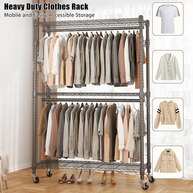 Alt view image 3 of 6 - BATHWA Heavy Duty Garment Rack on Wheels, Rolling Clothes Racks for hanging clothes, Simple Sturdy Wardrobe Rack with Double Hanging Rods, 8 Side Hangers, Gray