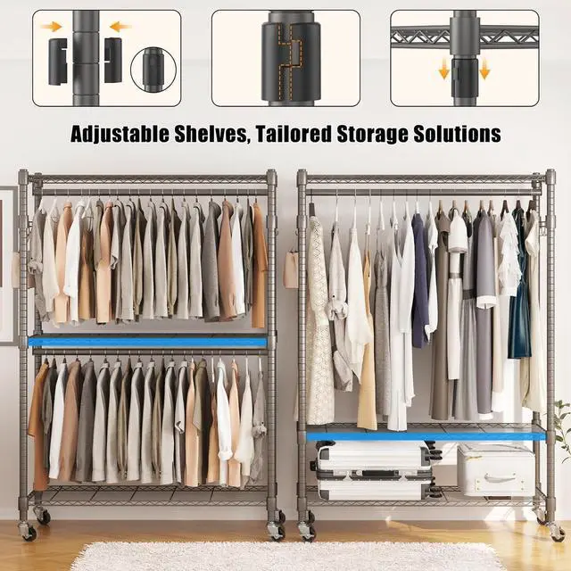 Alt view image 4 of 6 - BATHWA Heavy Duty Garment Rack on Wheels, Rolling Clothes Racks for hanging clothes, Simple Sturdy Wardrobe Rack with Double Hanging Rods, 8 Side Hangers, Gray