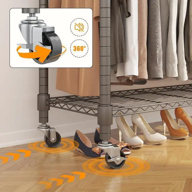 Alt view image 5 of 6 - BATHWA Heavy Duty Garment Rack on Wheels, Rolling Clothes Racks for hanging clothes, Simple Sturdy Wardrobe Rack with Double Hanging Rods, 8 Side Hangers, Gray