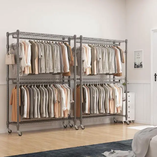 Alt view image 6 of 6 - BATHWA Heavy Duty Garment Rack on Wheels, Rolling Clothes Racks for hanging clothes, Simple Sturdy Wardrobe Rack with Double Hanging Rods, 8 Side Hangers, Gray