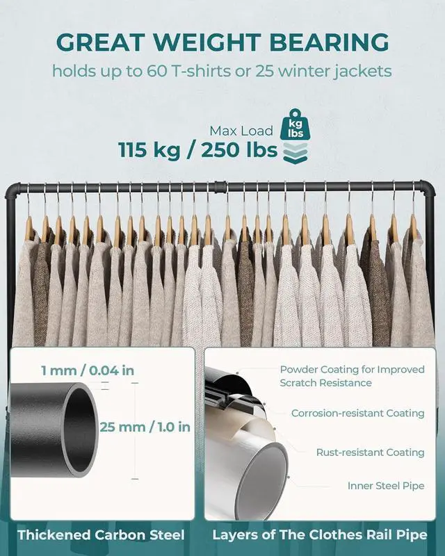 Alt view image 3 of 7 - OROPY Industrial Pipe Clothing Rack Free Standing Set of 2, Heavy Duty Detachable Clothes Rack with 4 Stable Feet for Garment Storage Display, Black