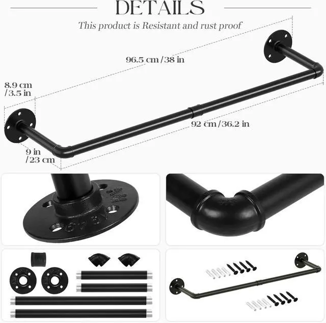 Alt view image 3 of 7 - ERYTLLY Industrial Pipe Clothes Rack 36.2, 2 Set Multi-purpose Wall Mounted Iron Garment Rod,Heavy Duty Detachable Hanging Clothes Rack for Closet Rod (Black,2 Base)