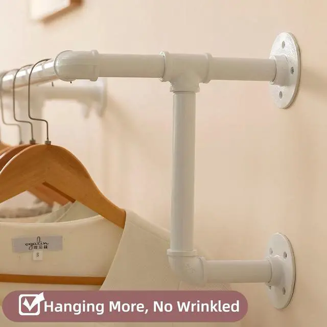 Alt view image 6 of 7 - Clothes Racks, Industrial Pipe Clothing Racks for Hanging Clothes, Wall Mounted Heavy Duty Space Saving Garment Racks, Multi-Purpose Clothing Hanging Rods for Closet Storage, White, 2Pcs