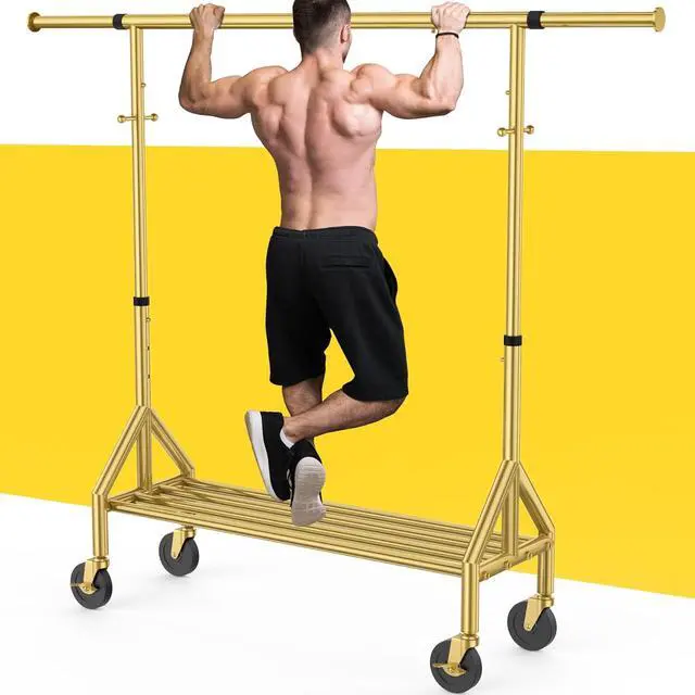 Main image of Upgraded 100% Stainless Steel Clothing Rack Load 760LBS, Heavy Duty Clothes Racks with Larger & Sturdy Wheel, Extendable & Adjustable Rolling Garment with Shelves (1 Single Rod, Gold)