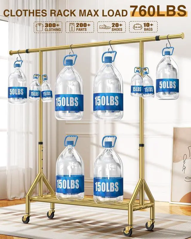 Alt view image 2 of 6 - Upgraded 100% Stainless Steel Clothing Rack Load 760LBS, Heavy Duty Clothes Racks with Larger & Sturdy Wheel, Extendable & Adjustable Rolling Garment with Shelves (1 Single Rod, Gold)