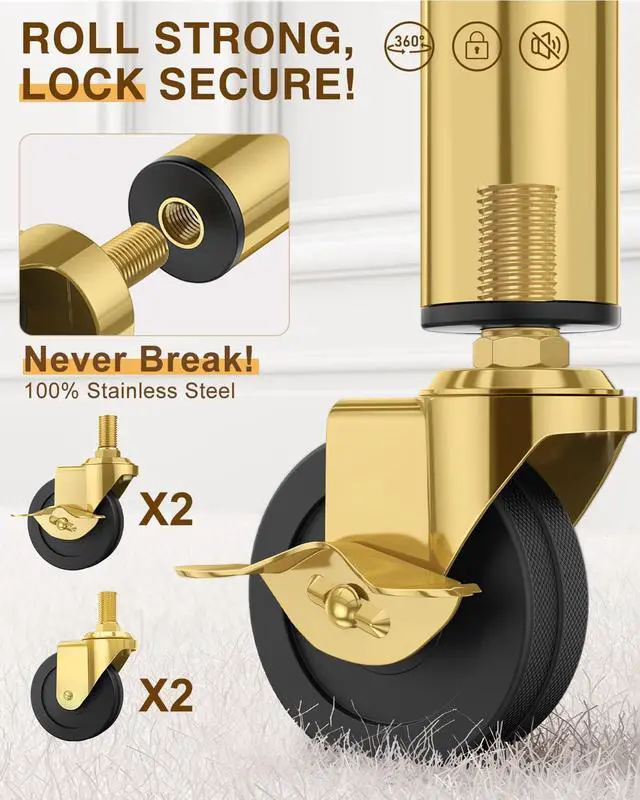 Alt view image 4 of 6 - Upgraded 100% Stainless Steel Clothing Rack Load 760LBS, Heavy Duty Clothes Racks with Larger & Sturdy Wheel, Extendable & Adjustable Rolling Garment with Shelves (1 Single Rod, Gold)