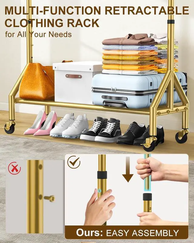 Alt view image 6 of 6 - Upgraded 100% Stainless Steel Clothing Rack Load 760LBS, Heavy Duty Clothes Racks with Larger & Sturdy Wheel, Extendable & Adjustable Rolling Garment with Shelves (1 Single Rod, Gold)