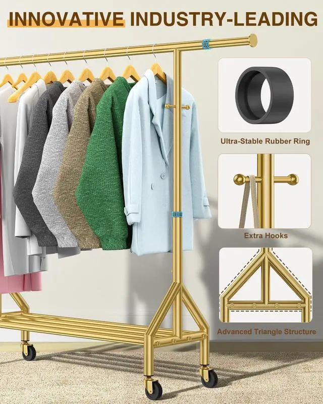Alt view image 5 of 6 - Upgraded 100% Stainless Steel Clothing Rack Load 760LBS, Heavy Duty Clothes Racks with Larger & Sturdy Wheel, Extendable & Adjustable Rolling Garment with Shelves (1 Single Rod, Gold)