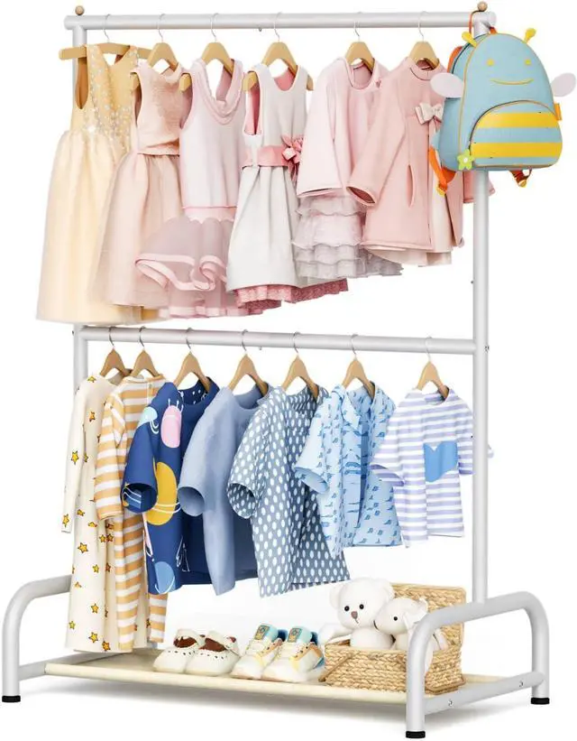Main image of Double Rod Kids Clothing Rack for Hanging Clothes, Small Dress up Storage with Bottom Shelf, Metal Garment Rack for Shirts, Dance Costumes, and Baby Clothes (White)