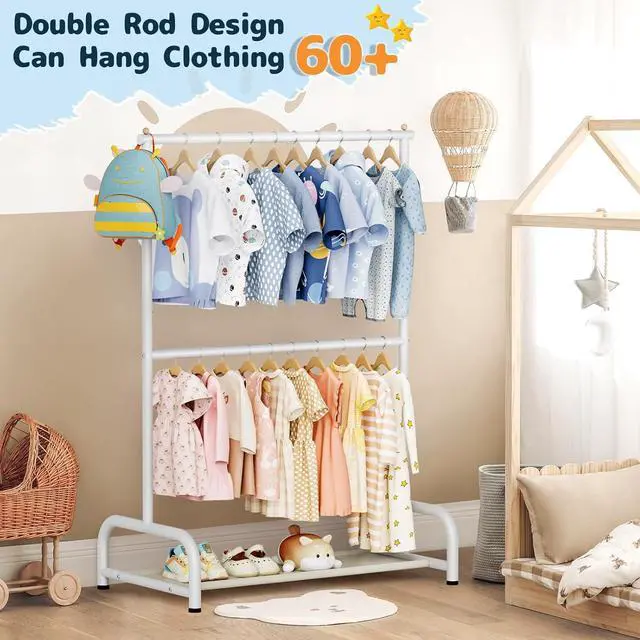 Alt view image 2 of 7 - Double Rod Kids Clothing Rack for Hanging Clothes, Small Dress up Storage with Bottom Shelf, Metal Garment Rack for Shirts, Dance Costumes, and Baby Clothes (White)