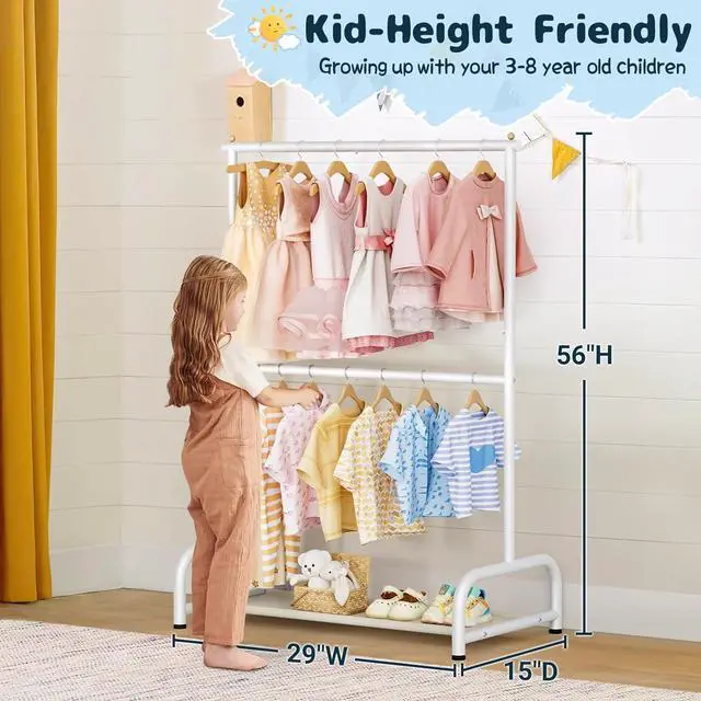 Alt view image 3 of 7 - Double Rod Kids Clothing Rack for Hanging Clothes, Small Dress up Storage with Bottom Shelf, Metal Garment Rack for Shirts, Dance Costumes, and Baby Clothes (White)
