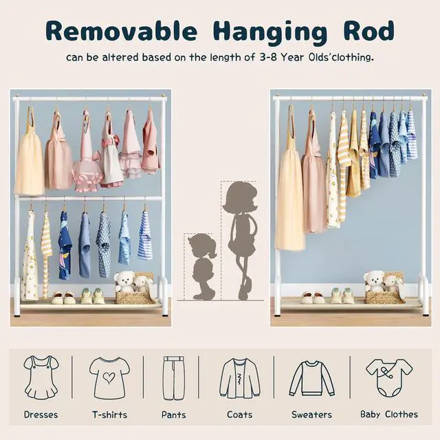 Alt view image 4 of 7 - Double Rod Kids Clothing Rack for Hanging Clothes, Small Dress up Storage with Bottom Shelf, Metal Garment Rack for Shirts, Dance Costumes, and Baby Clothes (White)