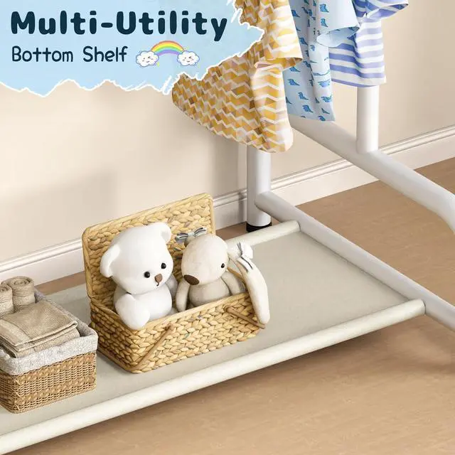 Alt view image 6 of 7 - Double Rod Kids Clothing Rack for Hanging Clothes, Small Dress up Storage with Bottom Shelf, Metal Garment Rack for Shirts, Dance Costumes, and Baby Clothes (White)