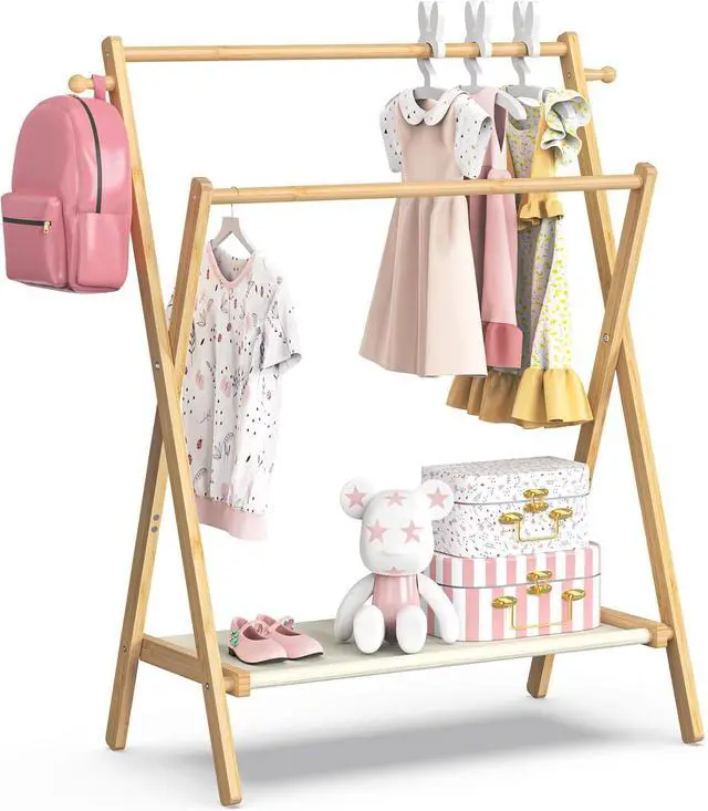 Main image of Kids Clothing Rack, Small Clothes Rack for Toddler Pets, Kids Dress Up Rack with Storage Shelf & Double Rods, Foldable Kids Clothes Rack for Nursery Child's Room (Regular Size)