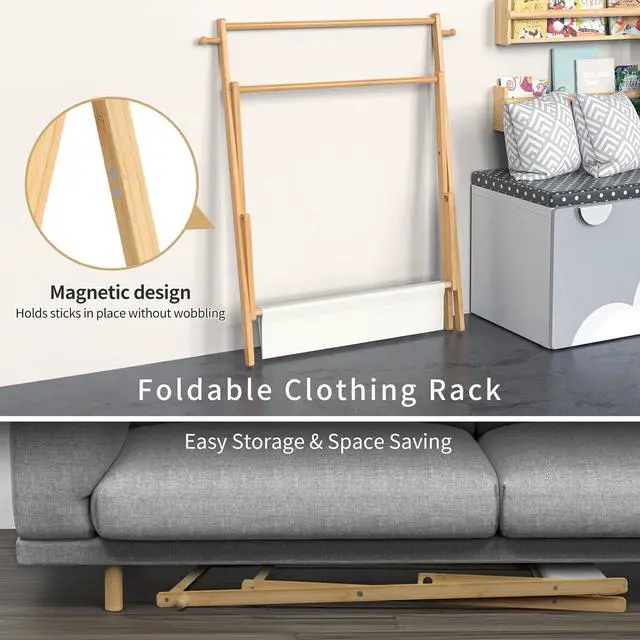 Alt view image 3 of 7 - Kids Clothing Rack, Small Clothes Rack for Toddler Pets, Kids Dress Up Rack with Storage Shelf & Double Rods, Foldable Kids Clothes Rack for Nursery Child's Room (Regular Size)