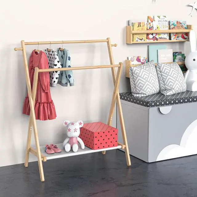 Alt view image 5 of 7 - Kids Clothing Rack, Small Clothes Rack for Toddler Pets, Kids Dress Up Rack with Storage Shelf & Double Rods, Foldable Kids Clothes Rack for Nursery Child's Room (Regular Size)