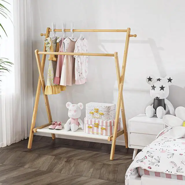 Alt view image 6 of 7 - Kids Clothing Rack, Small Clothes Rack for Toddler Pets, Kids Dress Up Rack with Storage Shelf & Double Rods, Foldable Kids Clothes Rack for Nursery Child's Room (Regular Size)