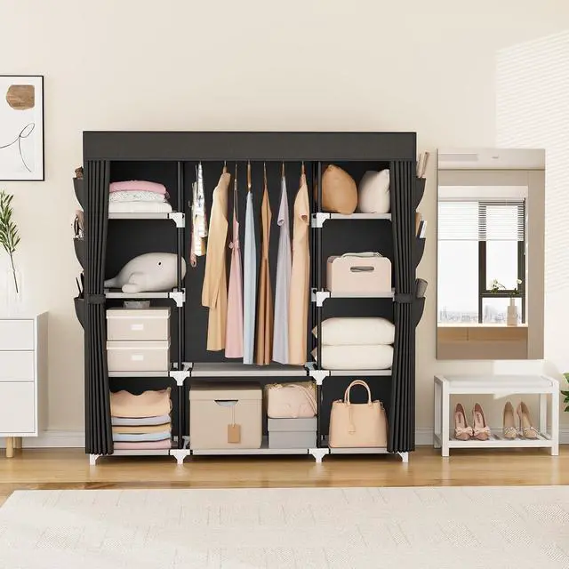 Alt view image 2 of 7 - VTRIN Portable Closet Wardrobe for Hanging Clothes 57.3 Inch Large Capacity Clothes Rack with Cover, 10 Storage Organizer Shelves, 1 Hanging Rods and 6 Pockets, Free Standing Closet for Bedroom, Black