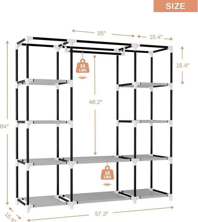 Alt view image 3 of 7 - VTRIN Portable Closet Wardrobe for Hanging Clothes 57.3 Inch Large Capacity Clothes Rack with Cover, 10 Storage Organizer Shelves, 1 Hanging Rods and 6 Pockets, Free Standing Closet for Bedroom, Black