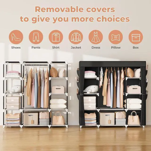 Alt view image 4 of 7 - VTRIN Portable Closet Wardrobe for Hanging Clothes 57.3 Inch Large Capacity Clothes Rack with Cover, 10 Storage Organizer Shelves, 1 Hanging Rods and 6 Pockets, Free Standing Closet for Bedroom, Black