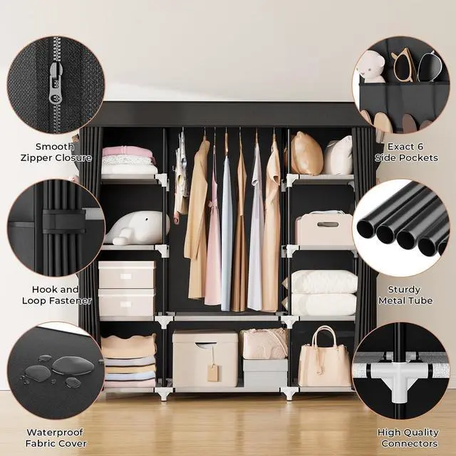 Alt view image 5 of 7 - VTRIN Portable Closet Wardrobe for Hanging Clothes 57.3 Inch Large Capacity Clothes Rack with Cover, 10 Storage Organizer Shelves, 1 Hanging Rods and 6 Pockets, Free Standing Closet for Bedroom, Black