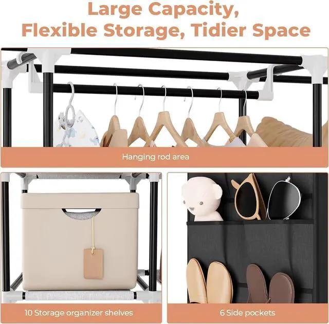 Alt view image 7 of 7 - VTRIN Portable Closet Wardrobe for Hanging Clothes 57.3 Inch Large Capacity Clothes Rack with Cover, 10 Storage Organizer Shelves, 1 Hanging Rods and 6 Pockets, Free Standing Closet for Bedroom, Black