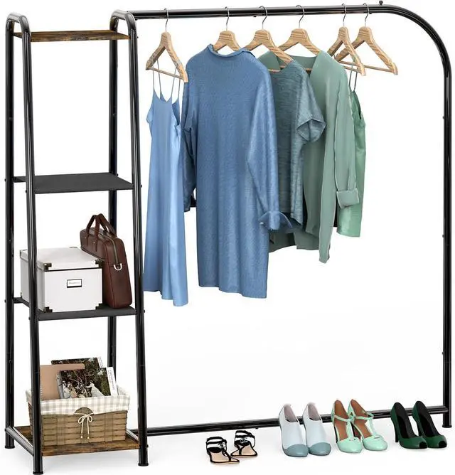 Main image of Simple Houseware Heavy Duty Clothing Garment Rack with 4 Shelves, Portable Closet Organizer for Hanging Clothes, Black