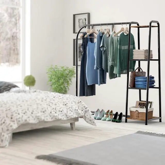 Alt view image 3 of 7 - Simple Houseware Heavy Duty Clothing Garment Rack with 4 Shelves, Portable Closet Organizer for Hanging Clothes, Black