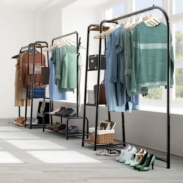 Alt view image 6 of 7 - Simple Houseware Heavy Duty Clothing Garment Rack with 4 Shelves, Portable Closet Organizer for Hanging Clothes, Black