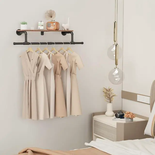 Alt view image 2 of 6 - Wall Mounted Clothes Rack with Top Shelf, Space Saver Industrial Pipe Shelving, Heavy Duty Iron Closet Poles, Extension at Both Ends, 37.6×10.2×5.9 Inch, Black