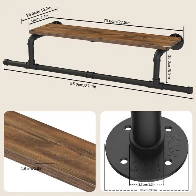 Alt view image 3 of 6 - Wall Mounted Clothes Rack with Top Shelf, Space Saver Industrial Pipe Shelving, Heavy Duty Iron Closet Poles, Extension at Both Ends, 37.6×10.2×5.9 Inch, Black