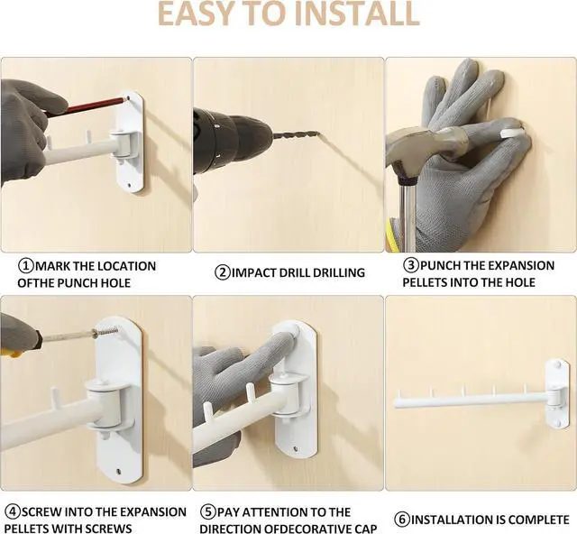 Alt view image 6 of 7 - Swing Clothes Hanger Rack,2-Pack Garment Racks Wall Mounted Clothes Bar-Hanger Holder Hooks Heavy Duty Folding Drying Rack Space Saving Clothing Hanging System Closet Storage Organizer,White