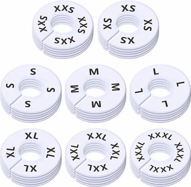 Main image of 40 Pack Round White Plastic Clothing Size Closet Rack Dividers Hangers, Preprinted in 8 Sizes XXS, XS, S, M, L, XL, XXL, XXXL (Outer 3.5, Inner Diameter 1.38)