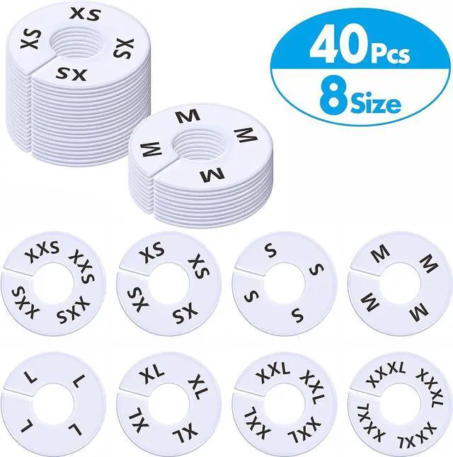 Alt view image 2 of 7 - 40 Pack Round White Plastic Clothing Size Closet Rack Dividers Hangers, Preprinted in 8 Sizes XXS, XS, S, M, L, XL, XXL, XXXL (Outer 3.5, Inner Diameter 1.38)