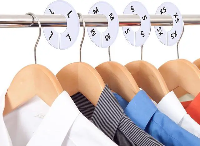 Alt view image 6 of 7 - 40 Pack Round White Plastic Clothing Size Closet Rack Dividers Hangers, Preprinted in 8 Sizes XXS, XS, S, M, L, XL, XXL, XXXL (Outer 3.5, Inner Diameter 1.38)