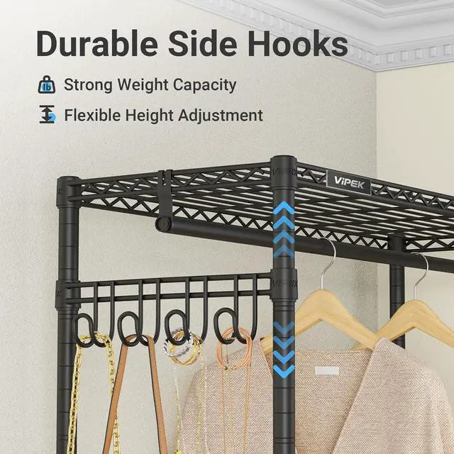 Alt view image 3 of 7 - VIPEK V4 Heavy Duty Clothing Rack for Hanging Clothes 810lbs Load Capacity, Double Rod Garment Rack with Adjustable Shelves & Side Hooks, Metal Wardrobe Closet System Easy to Assemble, (Black)