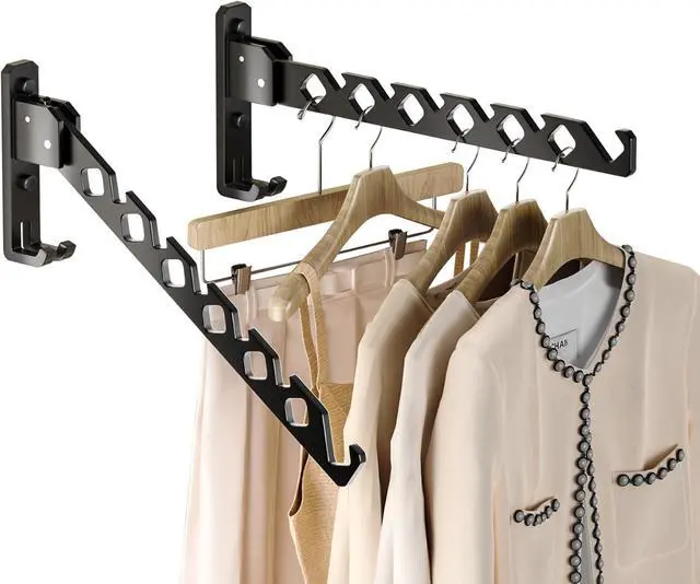 Main image of Dr.DJ Wall Mount Coat Hanger Holder Black Clothes Drying Organizer Rack Garment Hooks Aluminium Retractable Folding Indoor Wall Mounted Hanger Space Saver for Laundry Room Bedroom Black 2Pack