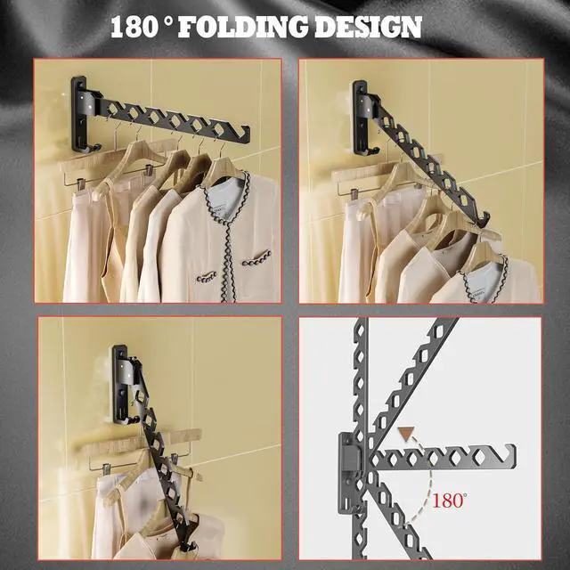 Alt view image 2 of 7 - Dr.DJ Wall Mount Coat Hanger Holder Black Clothes Drying Organizer Rack Garment Hooks Aluminium Retractable Folding Indoor Wall Mounted Hanger Space Saver for Laundry Room Bedroom Black 2Pack