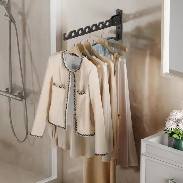 Alt view image 4 of 7 - Dr.DJ Wall Mount Coat Hanger Holder Black Clothes Drying Organizer Rack Garment Hooks Aluminium Retractable Folding Indoor Wall Mounted Hanger Space Saver for Laundry Room Bedroom Black 2Pack