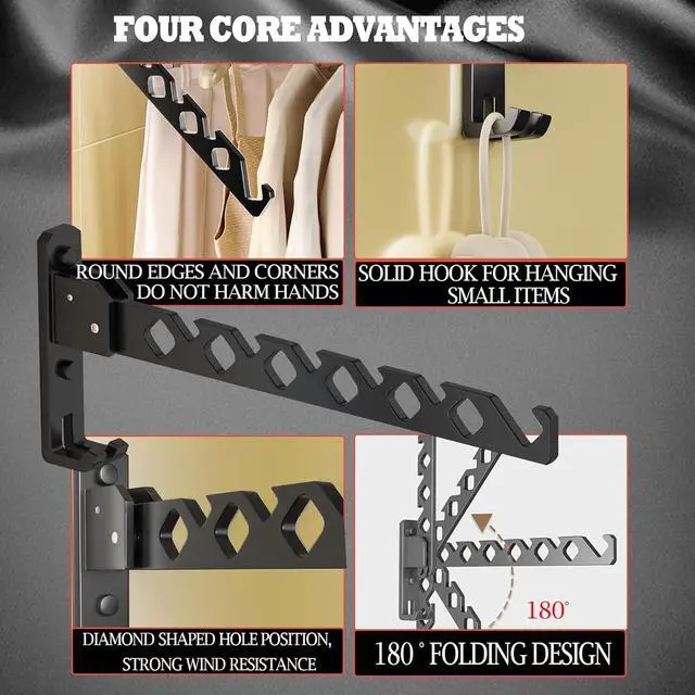 Alt view image 5 of 7 - Dr.DJ Wall Mount Coat Hanger Holder Black Clothes Drying Organizer Rack Garment Hooks Aluminium Retractable Folding Indoor Wall Mounted Hanger Space Saver for Laundry Room Bedroom Black 2Pack
