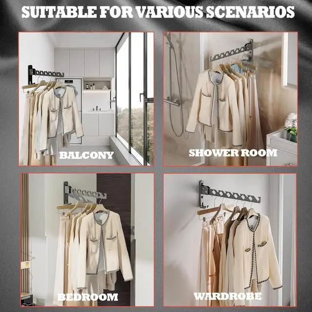 Alt view image 3 of 7 - Dr.DJ Wall Mount Coat Hanger Holder Black Clothes Drying Organizer Rack Garment Hooks Aluminium Retractable Folding Indoor Wall Mounted Hanger Space Saver for Laundry Room Bedroom Black 2Pack