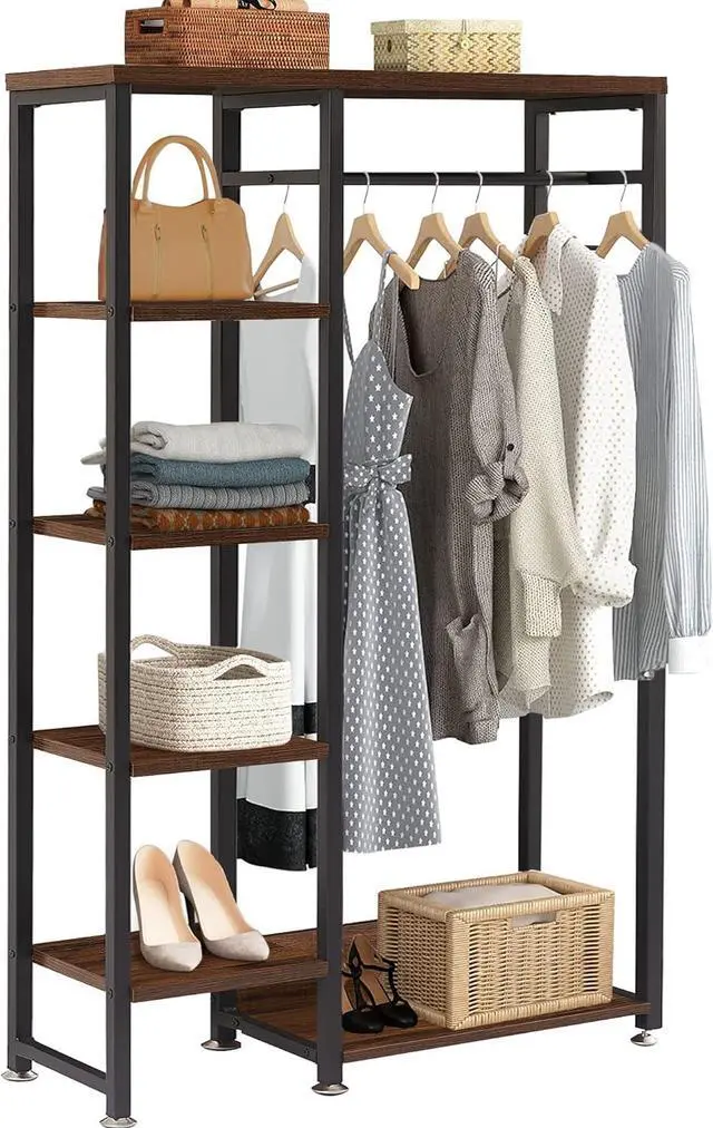 Main image of VECELO Open Garment Clothing Rack, Free-Standing Heavy Duty Storage Closet with 5 Shelves and Hanging Rod for Small Spaces, Max Load 350LBS, Brown