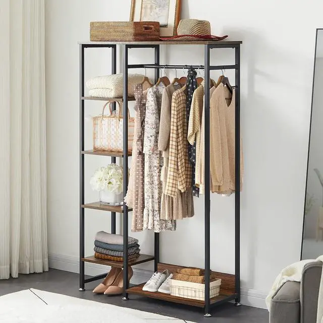 Alt view image 2 of 7 - VECELO Open Garment Clothing Rack, Free-Standing Heavy Duty Storage Closet with 5 Shelves and Hanging Rod for Small Spaces, Max Load 350LBS, Brown