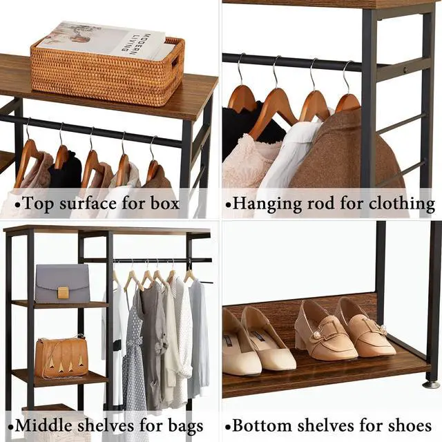 Alt view image 3 of 7 - VECELO Open Garment Clothing Rack, Free-Standing Heavy Duty Storage Closet with 5 Shelves and Hanging Rod for Small Spaces, Max Load 350LBS, Brown